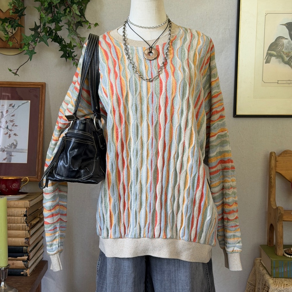 Vintage Norm Thompson Tundra 3D Knit Sweater Multi Color Wavy Textured Large